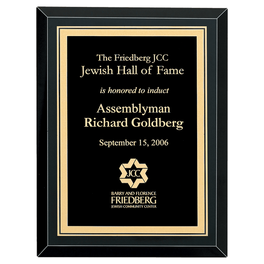 8" x 10" Airflyte Premium Black Mirror Glass Plaque with Gold Florentine Border LaserFX Plate
