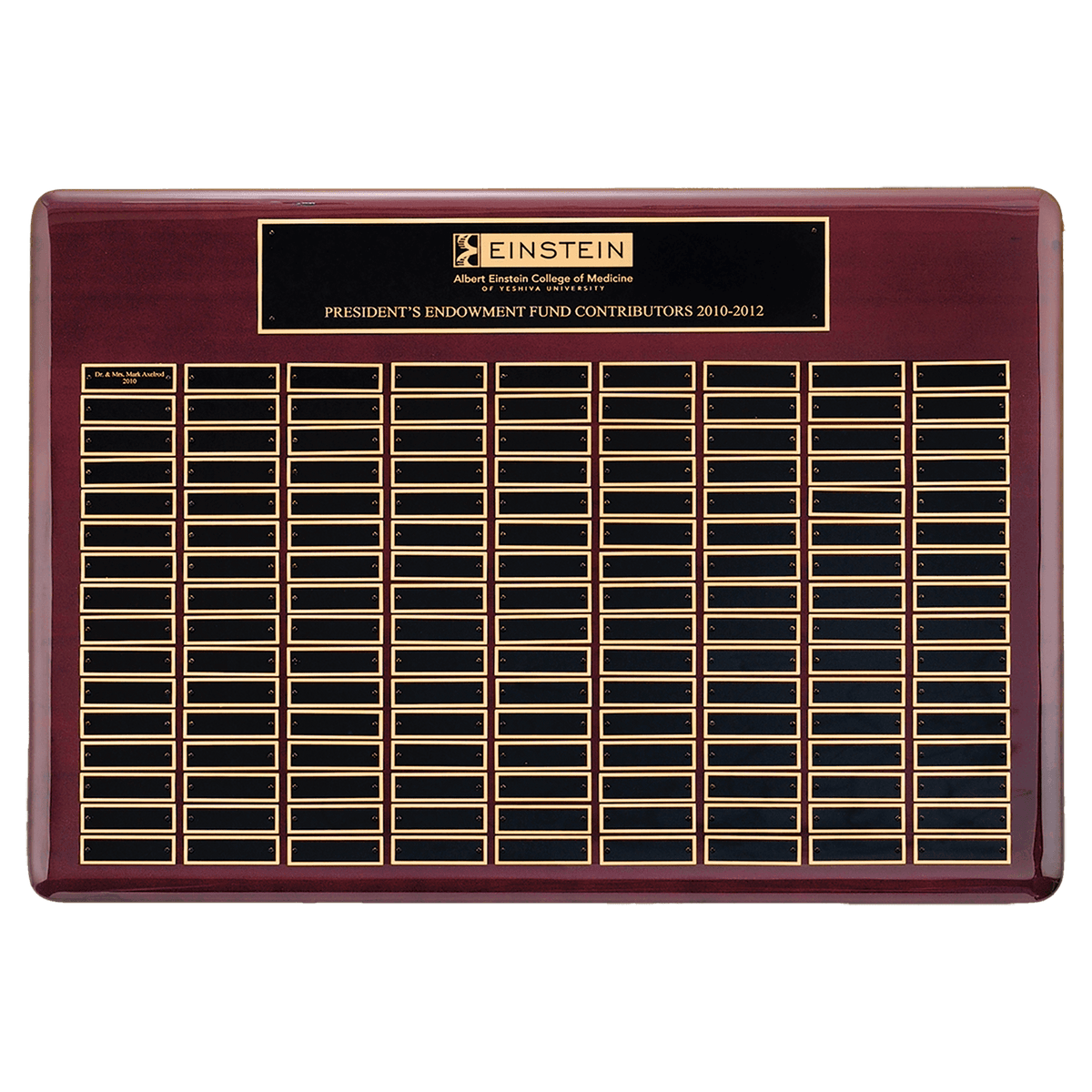 Rosewood Piano Finish 96 Plate Perpetual Plaque with Black Brass 22" x 30"/Plates 7/8" x 2 3/4" Plates