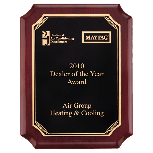 8" x 10 1/2" Airflyte Rosewood Piano Finish Plaque with Gold Border Black LaserFX Plate