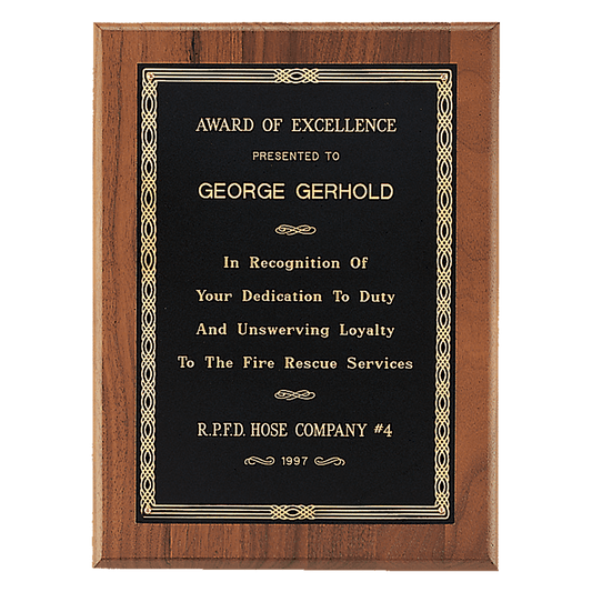 8" x 10" Black Laserable Gold Border Plate on an American Walnut Plaque - Sheffield Series