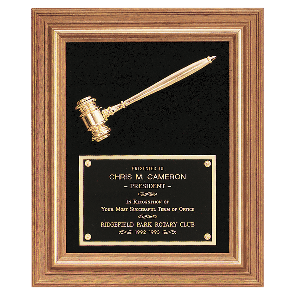 Gold Electroplated Gavel in a Walnut Frame with Black Velour Background and Black Laserable Brass 15" x 18" Plate