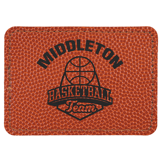 Basketball 3 1/2" x 2 1/2" Laserable Leatherette Rectangle Patch with Kota Pro Adhesive