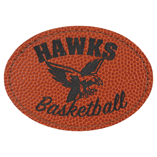 Basketball 3 1/2" x 2 1/2" Laserable Leatherette Oval Patch with Adhesive