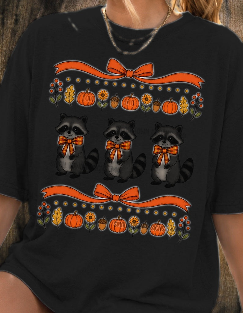 Fall Raccoon Trio DTF T-Shirt in black
