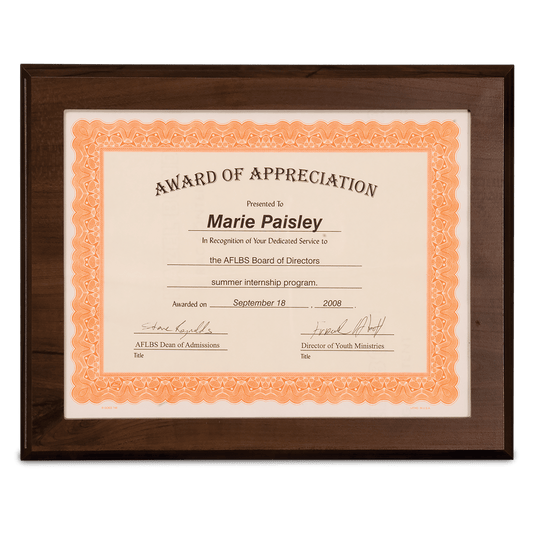 13" x 10 1/2" Cherry Finish Slide-In Frame Plaque with 11" x 8 1/2" Window