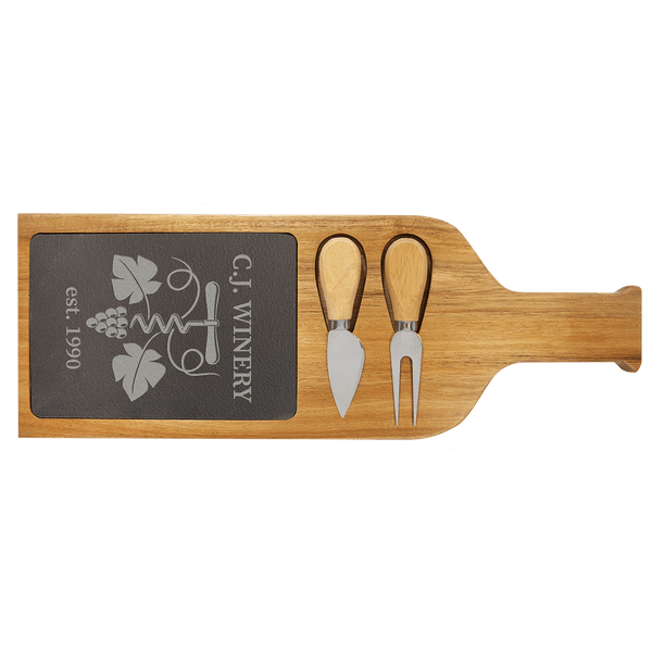 17 1/2" x 6" Acacia Wood/Slate Serving Board with Two Tools