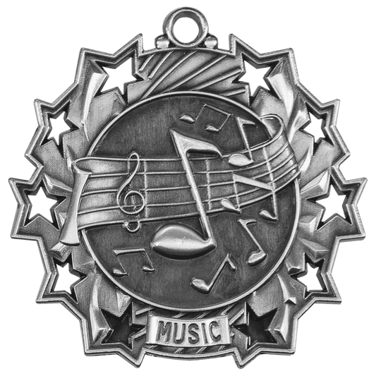 Antique Silver 2 1/4" Music Ten Star Medal